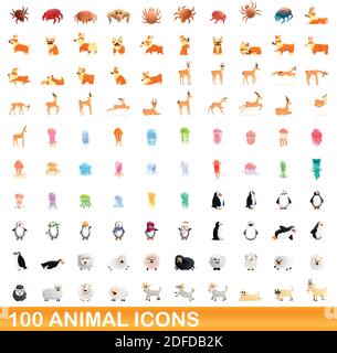 100 animal icons set. Cartoon illustration of 100 animal icons vector set isolated on white background Stock Vector