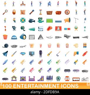 100 entertainment icons set. Cartoon illustration of 100 entertainment icons vector set isolated on white background Stock Vector