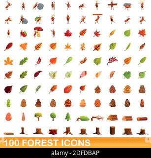 100 forest icons set. Cartoon illustration of 100 forest icons vector set isolated on white background Stock Vector