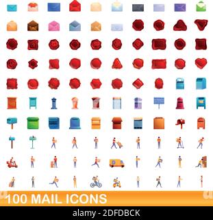 100 mail icons set. Cartoon illustration of 100 mail icons vector set isolated on white background Stock Vector