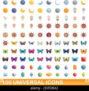 100 universal icons set. Cartoon illustration of 100 universal icons vector set isolated on white background Stock Vector