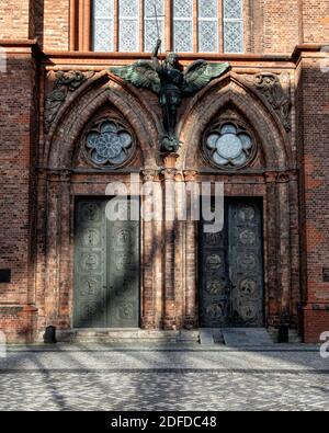 The Friedrichswerder Kirche entrance. Neo-Gothic red Brick church by architect Karl Friedrich Schinkel built 1824-1831.Werderscher Markt, Mitte,Berlin Stock Photo