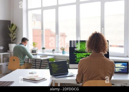 Rear view of people working with new software on computers at the table at office Stock Photo