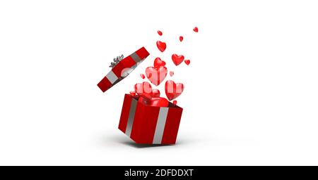 Hearts coming out of an open gift on white background - 3D rendering Stock Photo