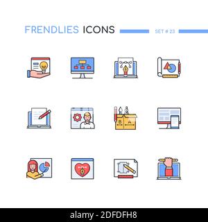 Web development - modern line style icons set. Graphic, responsive, product, package and ux types of design images. Content management, copywriting se Stock Vector