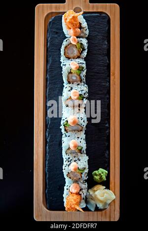 Sushi plate in a sushi bar of a hotel close to Ierapetra town, Crete, Greece. Stock Photo