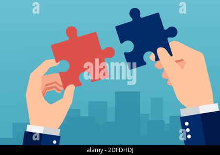 Vector of a businessman connecting jigsaw puzzle pieces on a city background Stock Vector