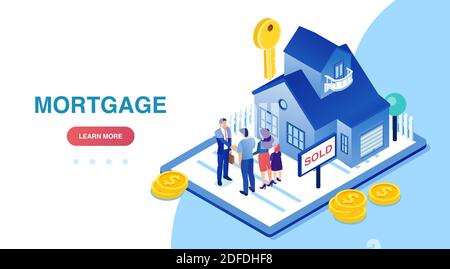 Vector of a young family buying a new house signing a deal with real estate agent. Stock Vector