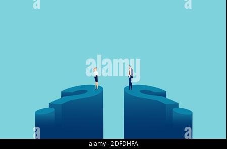 Vector of a businessman and businesswoman standing on big question marks and looking at each other Stock Vector