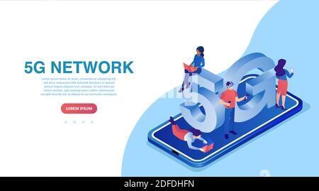 Vector of a smartphone with 5G symbol and people using mobile gadgets with high speed internet. Stock Vector