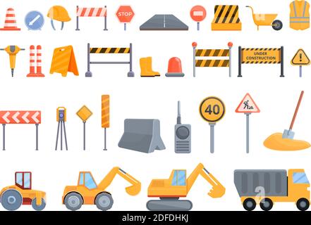 Highway construction icons set. Cartoon set of highway construction vector icons for web design Stock Vector