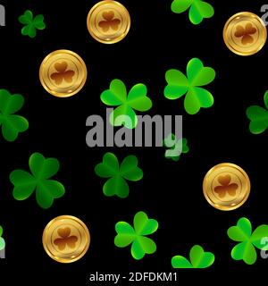 Clover Leaves with Golden Coin Seamless Pattern Background Vector Illustration EPS10 Stock Vector