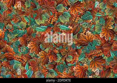 A 3d background illustration of autumn leaves.  Layers of fall leaves of green and brown. Stock Photo