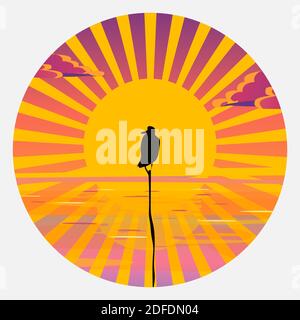 A bird crane sits on a stick against the sun.  Stock Vector