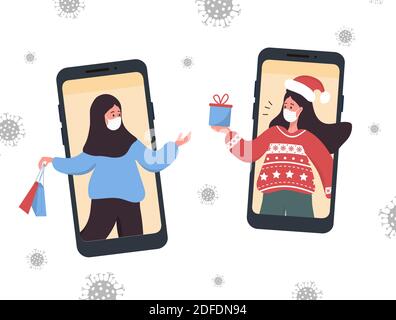 Christmas video call. Girlfriends in face masks sharing gifts online. Stock Vector