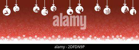 hanging baubles colored white with different abstract icons for christmas and winter time concepts with light red snow fall background Stock Vector