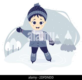 Winter sport. Boy ice skating on a skating rink on a decorative forest background with winter landscape, trees and snow. Vector illustration. Children Stock Vector