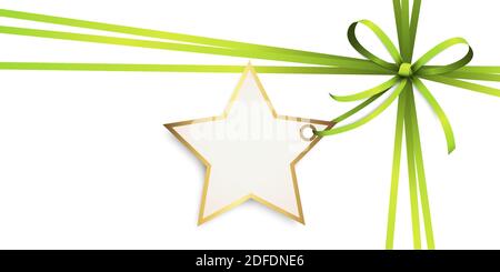 EPS 10 vector illustration of green colored ribbon bow and gift band with shape of a golden star pendant for christmas greetings isolated on white bac Stock Vector