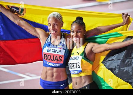 Yulimar Rojas (Venezuela, Gold Medal), Shanieka Ricketts (Jamaica, Silver Medal). Triple Jump final. IAAF World Athletics Championships, Doha 2019 Stock Photo