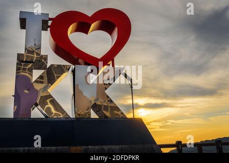 Kota Kinabalu, Sabah, Malaysia - August 23, 2019: I Love KK statue. A tourist attraction landmark located at the heart of Kota Kinabalu Sabah. Stock Photo