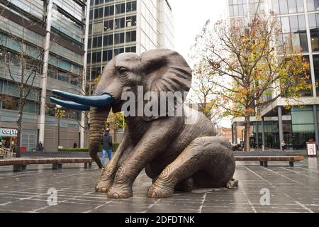 A bronze elephant sculpture at Spitalfields Market, London. Created by ...