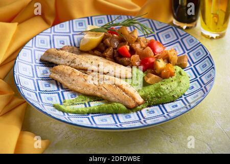 seabass steak cooked in japan style, Sea bass grilled steak.Selective focus. Concept of healthy eating for menu Stock Photo