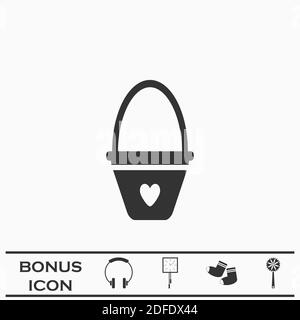 Baby bucket with hearth icon flat. Black pictogram on white background. Vector illustration symbol and bonus button Stock Vector