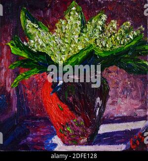 Original oil painting on canvas showing Lily of the valley in vase, Convallaria majalis, flowers bouquet . Stock Photo