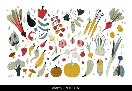Fresh vegetables set. Vegetarian food. Hand drawn vector doodle illustrations. Collection farm product for restaurant menu, market label. Sketch style Stock Photo