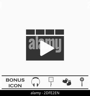 Browser video player icon flat. Black pictogram on white background. Vector illustration symbol and bonus button Stock Vector