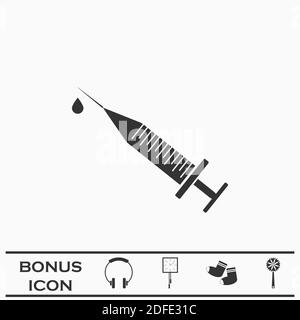 Syringe and drop icon flat. Black pictogram on white background. Vector illustration symbol and bonus button Stock Vector