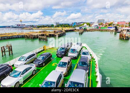 Cars on the ferry deck. MV Red Eagle is a Raptor Class vehicle and passenger ferry operated by Red Funnel on their route from Southampton to East Cowe Stock Photo