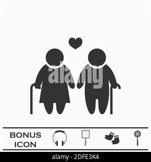 Old couple love people icon flat. Black pictogram on white background. Vector illustration symbol and bonus button Stock Vector