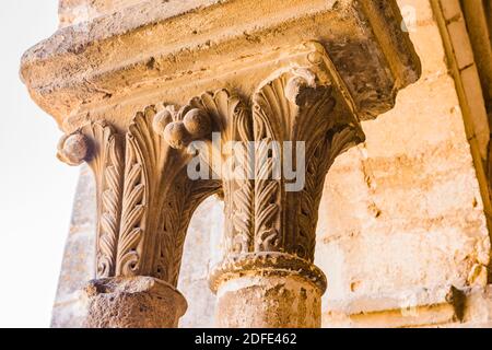 Capitals of the columns in the old cloister or 'Las Claustrillas'.The Abbey of Santa María la Real de Las Huelgas is a monastery of Cistercian nuns. B Stock Photo