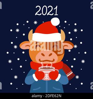 The bull with a cup of tea in winter wear. Ox with a cocoa standing in snow. The symbol of the Chinese New Year 2021. Greeting card with a mouse for t Stock Vector
