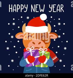 Bull holds gifts. The symbol of Chinese New Year 2021. Greeting card with ox. Vector illustration with cute character isolated background. Hand drawn