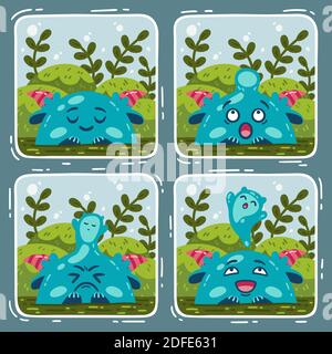 Comic about the swamp monster and the miracle of birth. Vector illustration isolated background. Stock Vector