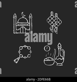 Traditional religious muslim items chalk white icons set on black background Stock Vector