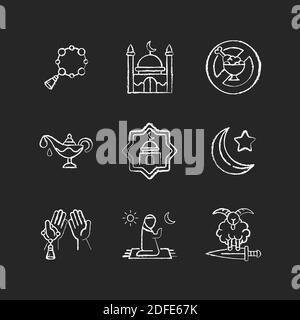 Muslim religious traditions chalk white icons set on black background Stock Vector