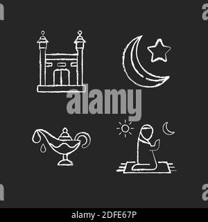 Traditional religious muslim rituals chalk white icons set on black background Stock Vector