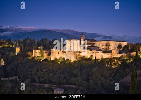 Photo of the palace of Alhambra at the blue hour time Stock Photo