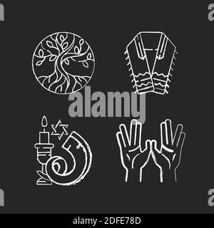 Judaism signs chalk white icons set on black background Stock Vector