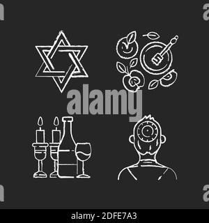 Jewish symbolism chalk white icons set on black background Stock Vector