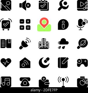 Interface black glyph icons set on white space Stock Vector