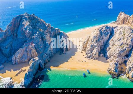Aerial view of Lovers Beach at Lands End, Cabo San Lucas, Mexico. The side facing the Sea of Cortez is Lovers Beach, the opposite side Divorce Beach Stock Photo