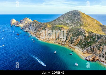 Aerial view looking south of Lands End, Cabo San Lucas, Mexico, Baja California Sur, where the Sea of Cortez meets the Pacific Ocean Stock Photo