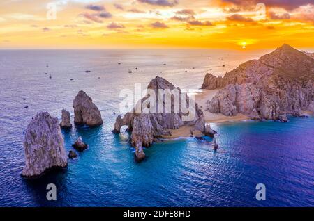 Aerial view of the famous Cabo San Lucas Arch at the southernmost tip of the Baja California peninsula, where the Sea of Cortez meets the Pacific Stock Photo