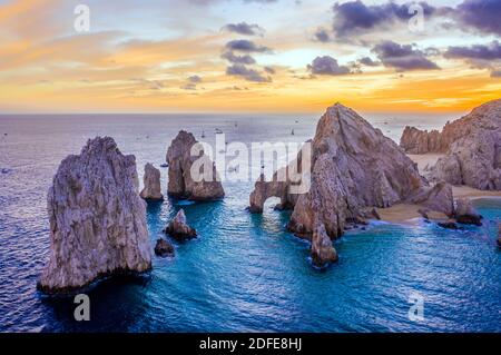Aerial view of the Arch of Cabo San Lucas, Mexico at sunset, Lands End, Baja California Sur Stock Photo