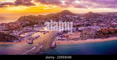 Aerial view of the cityscape of Cabo San Lucas, Mexico marina area at sunset - Los Cabos, Baja California Sur Stock Photo