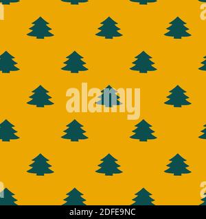 Seamless pattern with green christmas trees on a yellow background. Isometric concept. New Year and Christmas background Stock Photo